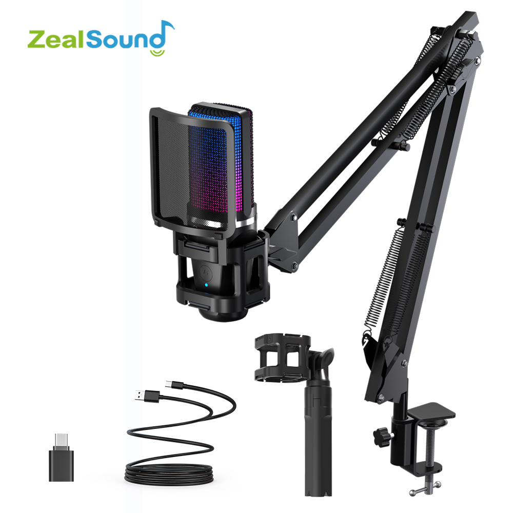Streaming Mic Condenser - Zealsound mikrofon rekaman RGB, dengan lengan
