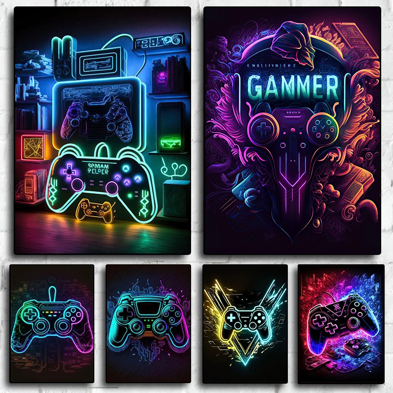 Esports Gaming House - Poster Seni Dinding Gaming Neon Pop