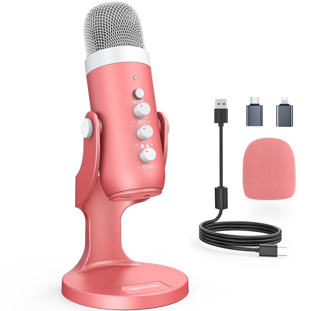 Streaming Mic Condenser - Haomien mikrofon kondensor USB merah muda,