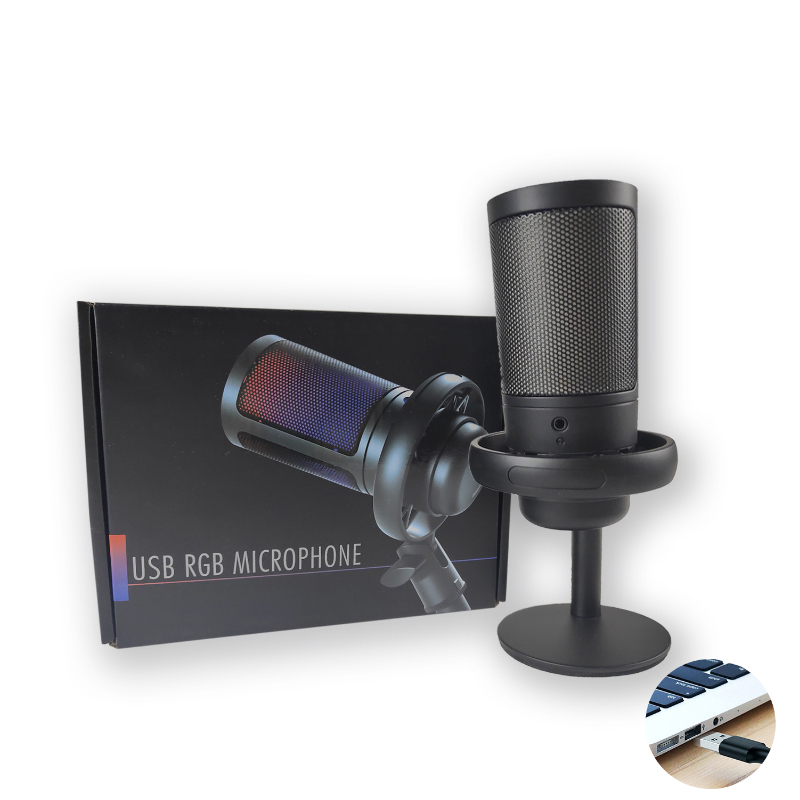 Streaming Mic Condenser - Mikrofon Gaming RGB dengan Penyangga, Tombol